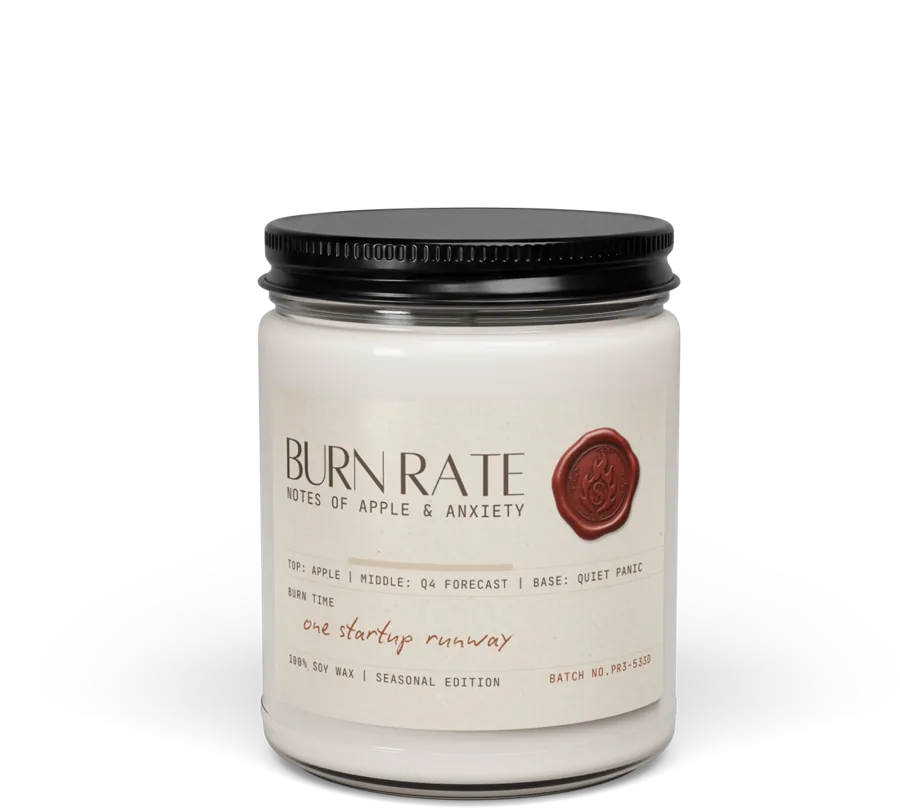 Burn Rate candle with a red wax seal on its label