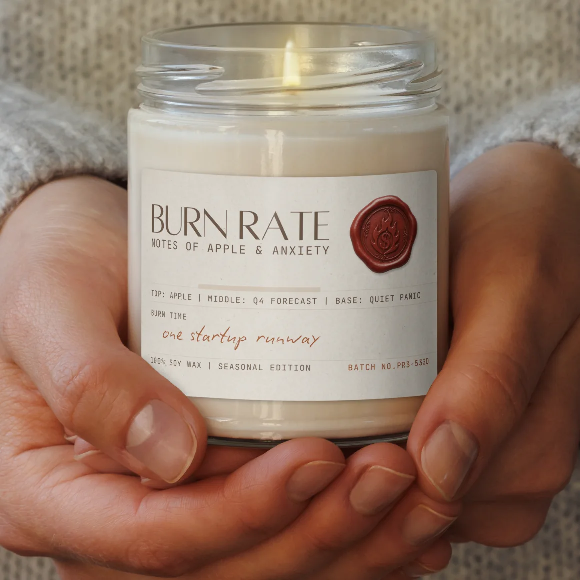 Hands holding a lit Burn Rate candle with a red wax seal on its label